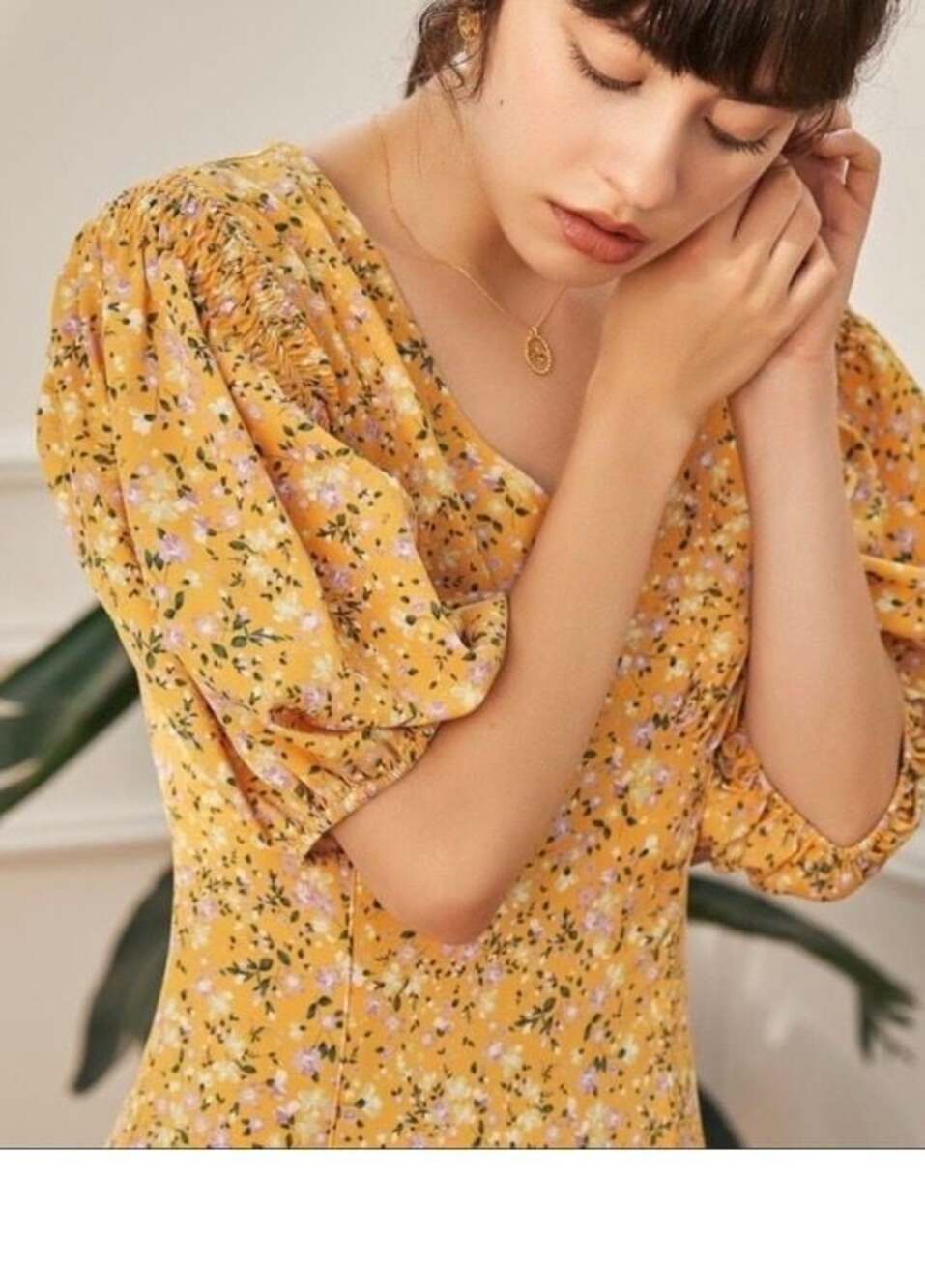 Simple Retro Golden Bloom Floral Puff Sleeve Bubble Mini Dress Medium Boho